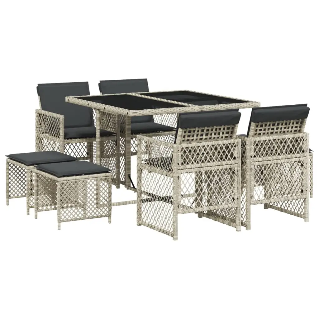 Ensemble de 9 pcs table de jardin et chaises avec coussins – mobilier de jardin gris clair rotin-JU2760