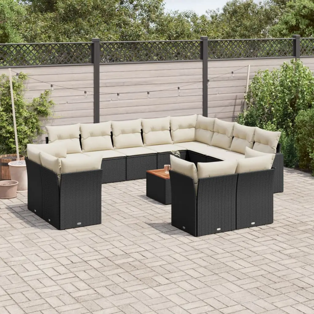 Ensemble de jardin modulable 13 pièces en résine tressée avec table en bois d’acacia Noir et Blanc Crème – ComfortXL Outdoor Living