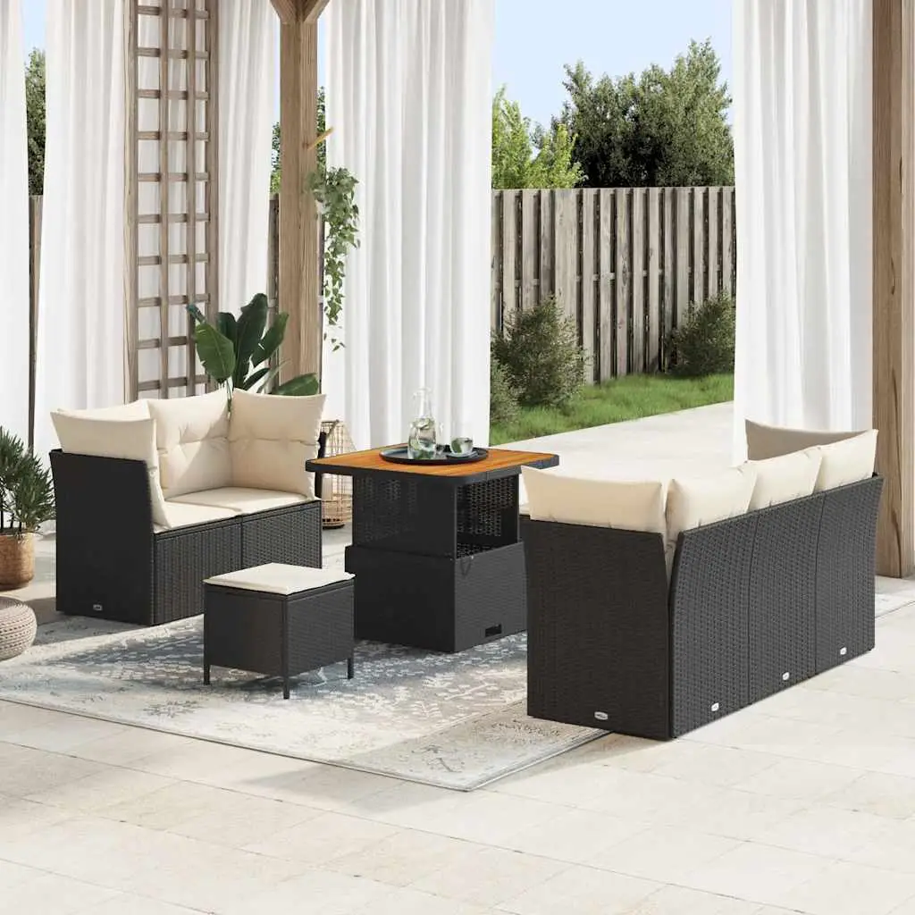 Ensemble d’extérieur 8 pcs polyrotin noir et bois d’acacia pour 7 personnes – ComfortXL Outdoor Living