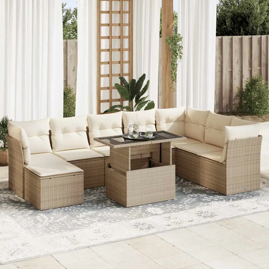 Ensemble de jardin 9 places résine tressée table ajustable et pouf rangement Beige – ComfortXL Outdoor Living