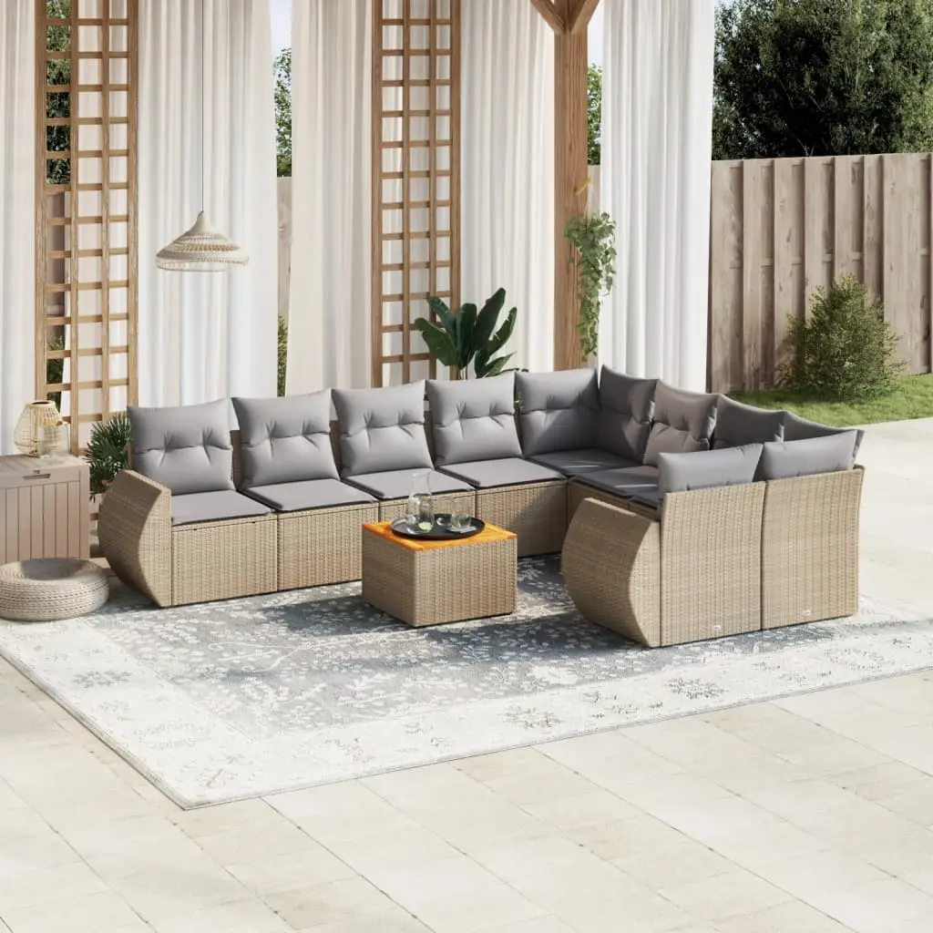 Ensemble de jardin modulable 10 pièces en résine tressée et table en bois pour terrasse Beige coussins Gris Clair – ComfortXL Outdoor Living