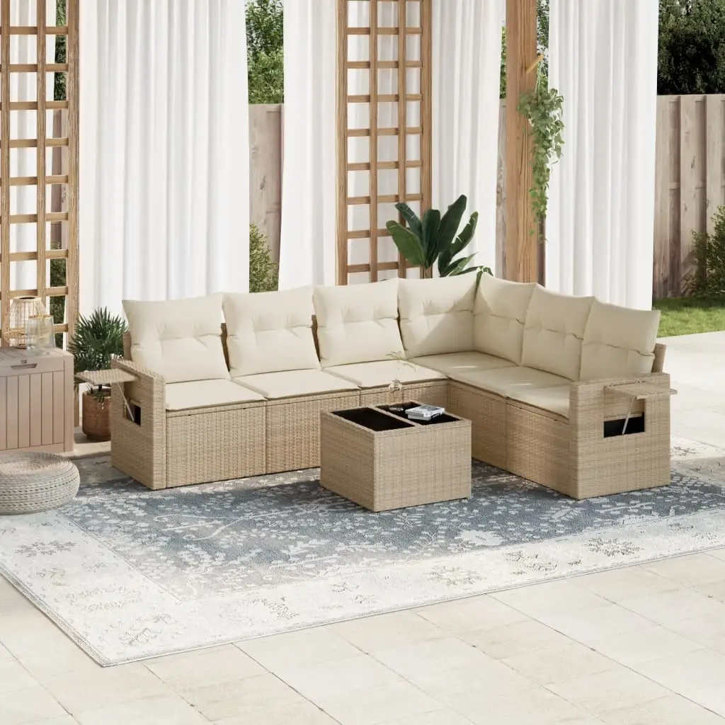 Ensemble canapés de jardin 7p modulable poly rotin avec tablettes et table basse pour balcon Beige coussins blanc crème – ComfortXL Outdoor Living