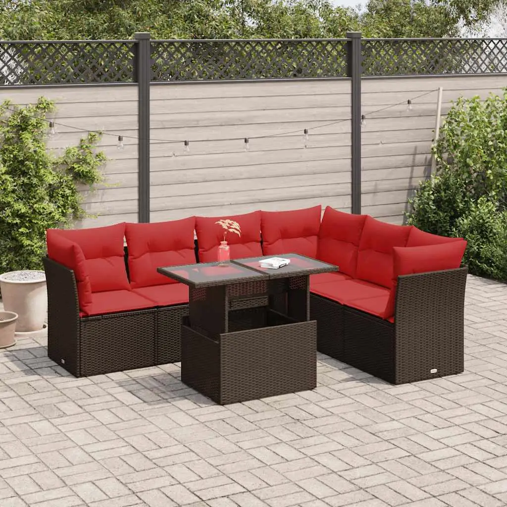 Ensemble de Jardin 6 Places Résine Tressée Marron avec Coffres et Table Coussins Rouges – ComfortXL Outdoor Living