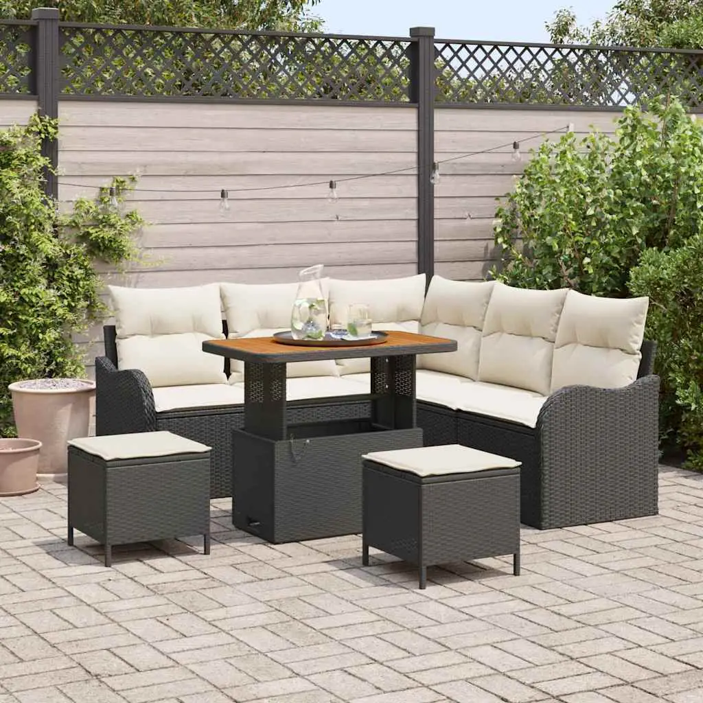 Ensemble de jardin 7 places modulable en résine tressée et plateau en bois d’acacia Noir – ComfortXL Outdoor Living