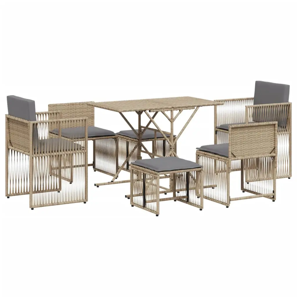 Ensemble de 7 pcs table de jardin et chaises avec coussins – mobilier de jardin beige poly rotin-JU2562