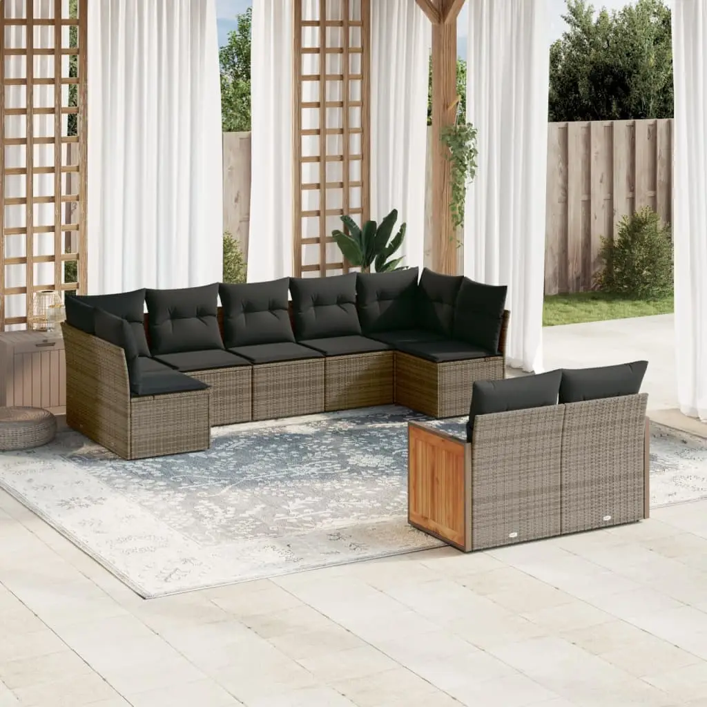 Ensemble de Jardin 9 pcs Résine Tressée Gris avec Rangement et Coussins Gris – ComfortXL Outdoor Living