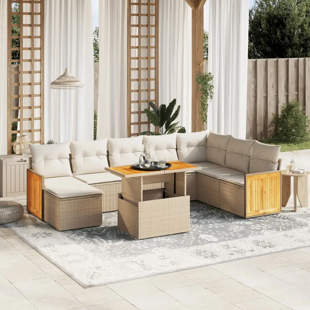 Ensemble canapé de jardin 9 pièces résine tressée avec 2 poufs pour terrasse Beige – ComfortXL Outdoor Living