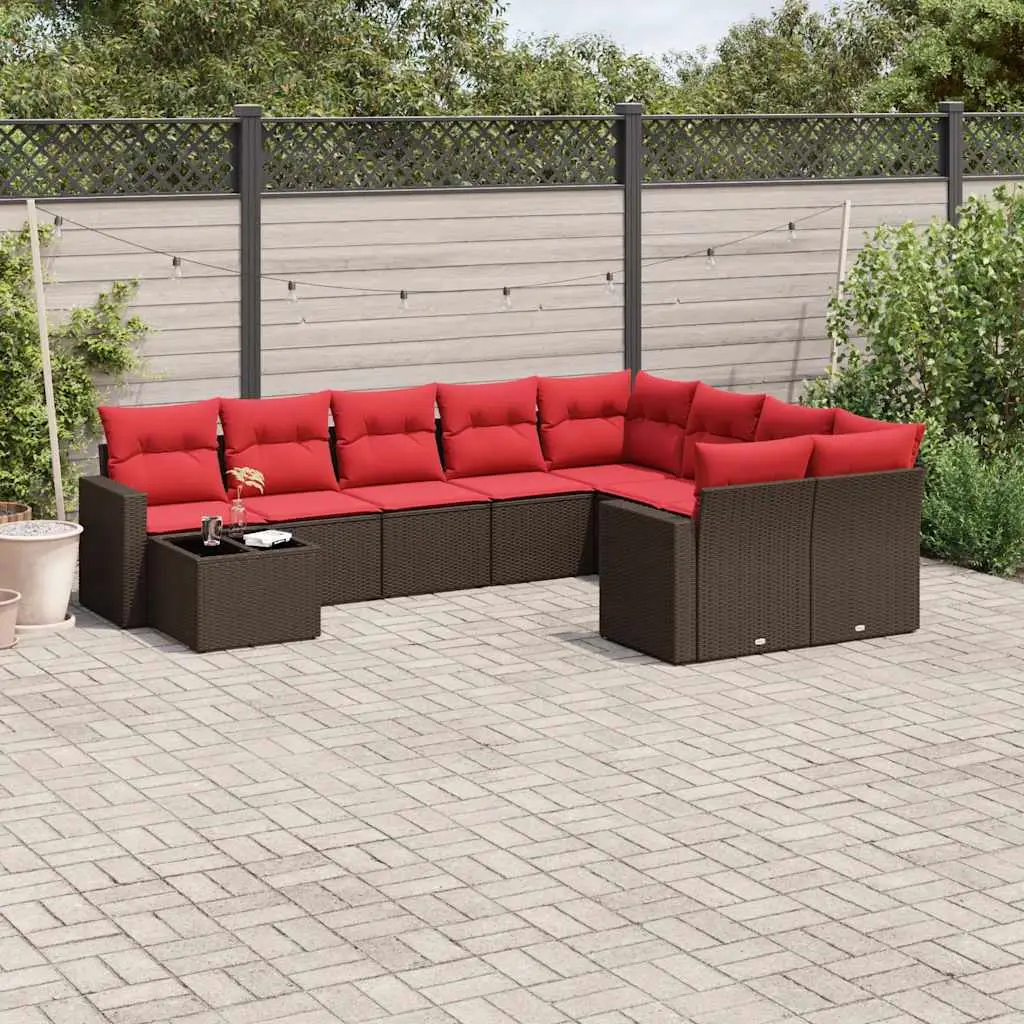 Ensemble canapé de jardin modulable 9 places résine tressée et table Marron Coussins Rouges – ComfortXL Outdoor Living
