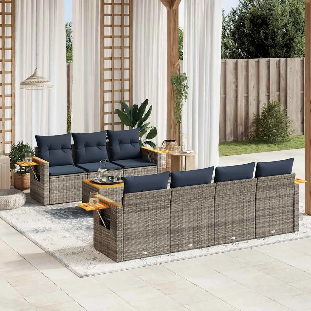Ensemble de jardin 7 personnes poly rotin modulable tablettes pliantes pour terrasse Gris coussins bleu – ComfortXL Outdoor Living