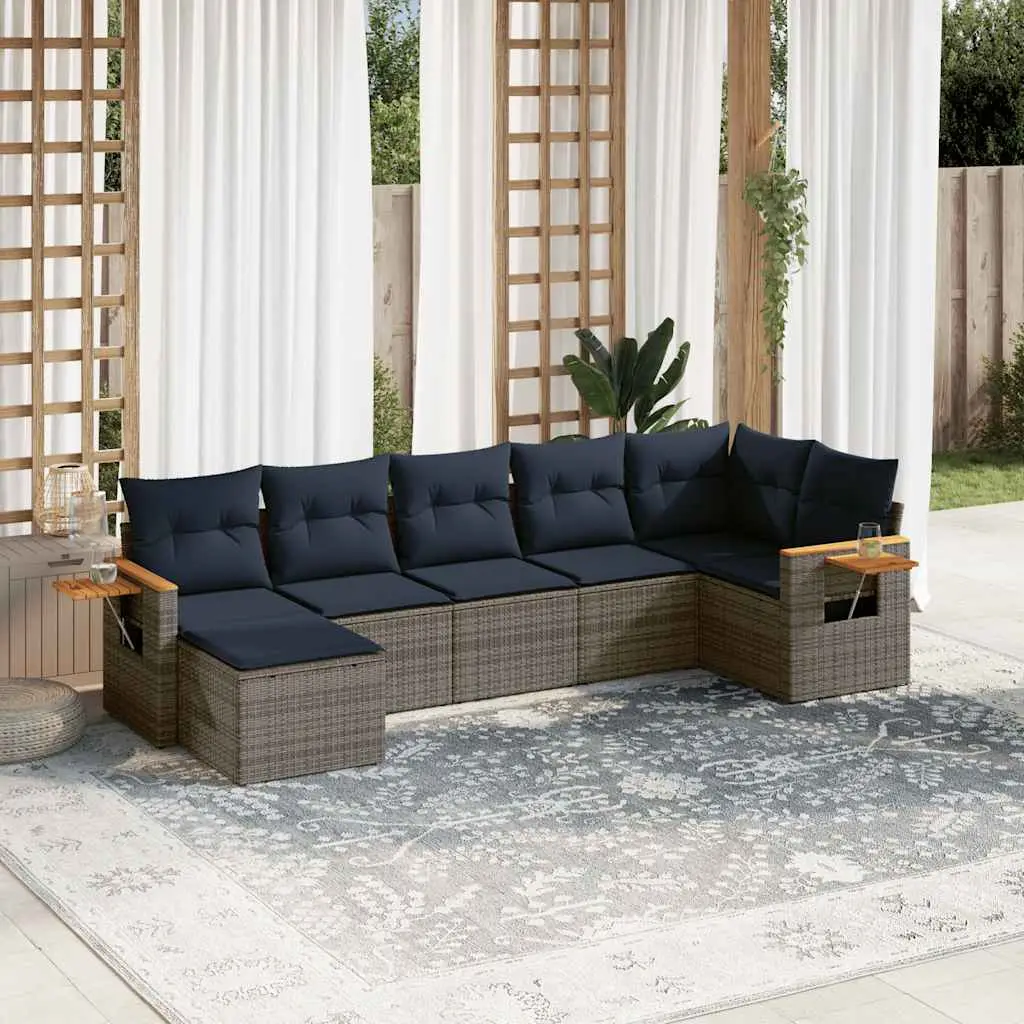 Ensemble de jardin 7 places Résine tressée avec accoudoirs rabattables et pouf pour terrasse Gris et Bleu Marine – ComfortXL Outdoor Living
