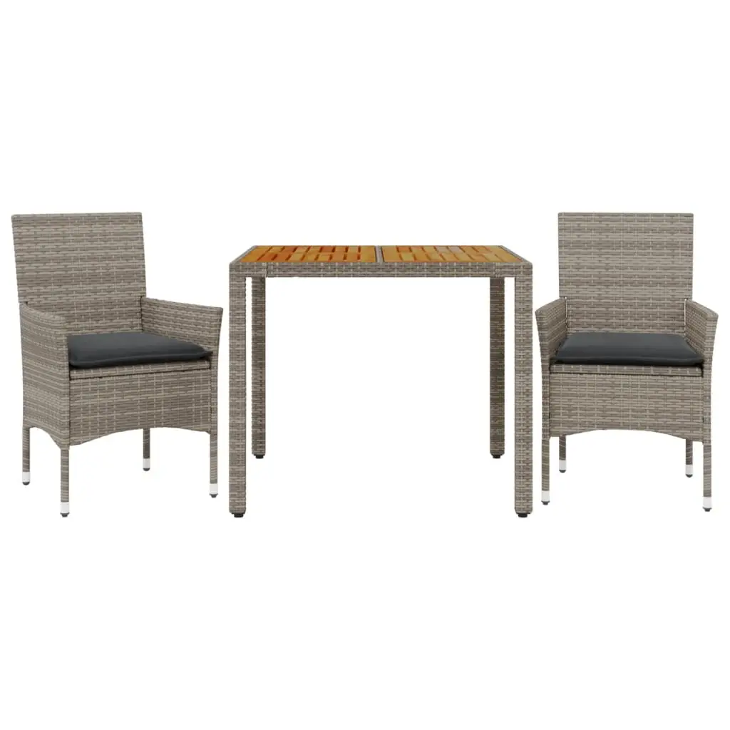 Ensemble de 3 pcs table de jardin et chaises avec coussins – mobilier de jardin gris rotin acacia-JU2616