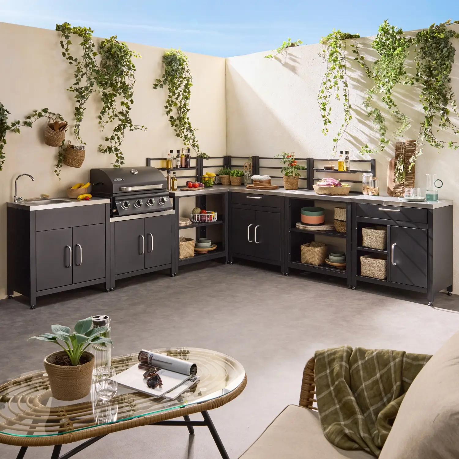 Ensemble de meubles de cuisine extérieure en acier inoxydable 7 modules avec barbecue au gaz 4 brûleurs | sweeek