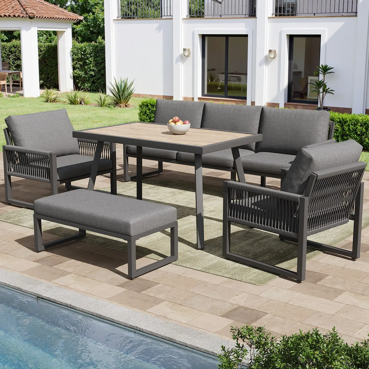 Ensemble de mobilier de jardin, pouvant accueillir 6 à 7 personnes, coussins et dossiers de haute qualité, résistant aux intempéries, gris