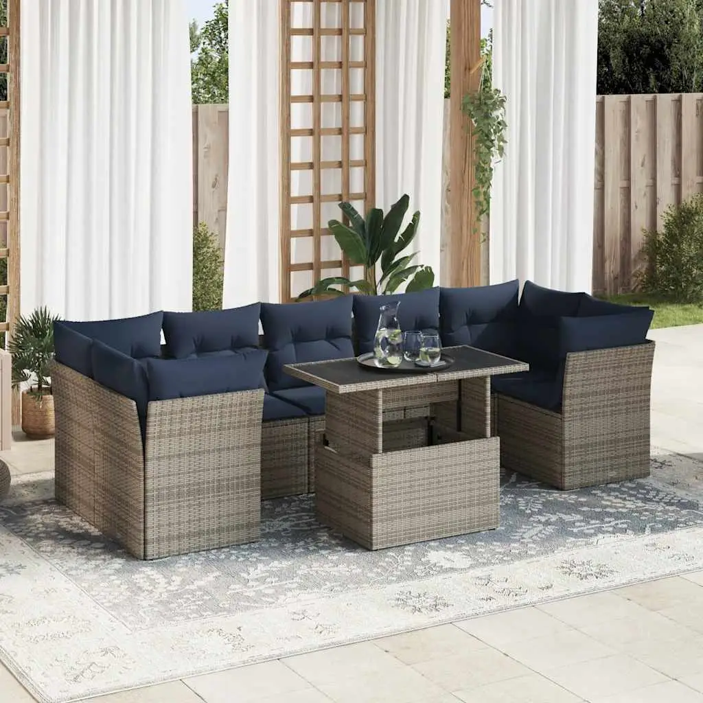Ensemble de Jardin Modulable 8pcs Résine Tressée Grise avec Rangement et Coussins Bleus – ComfortXL Outdoor Living