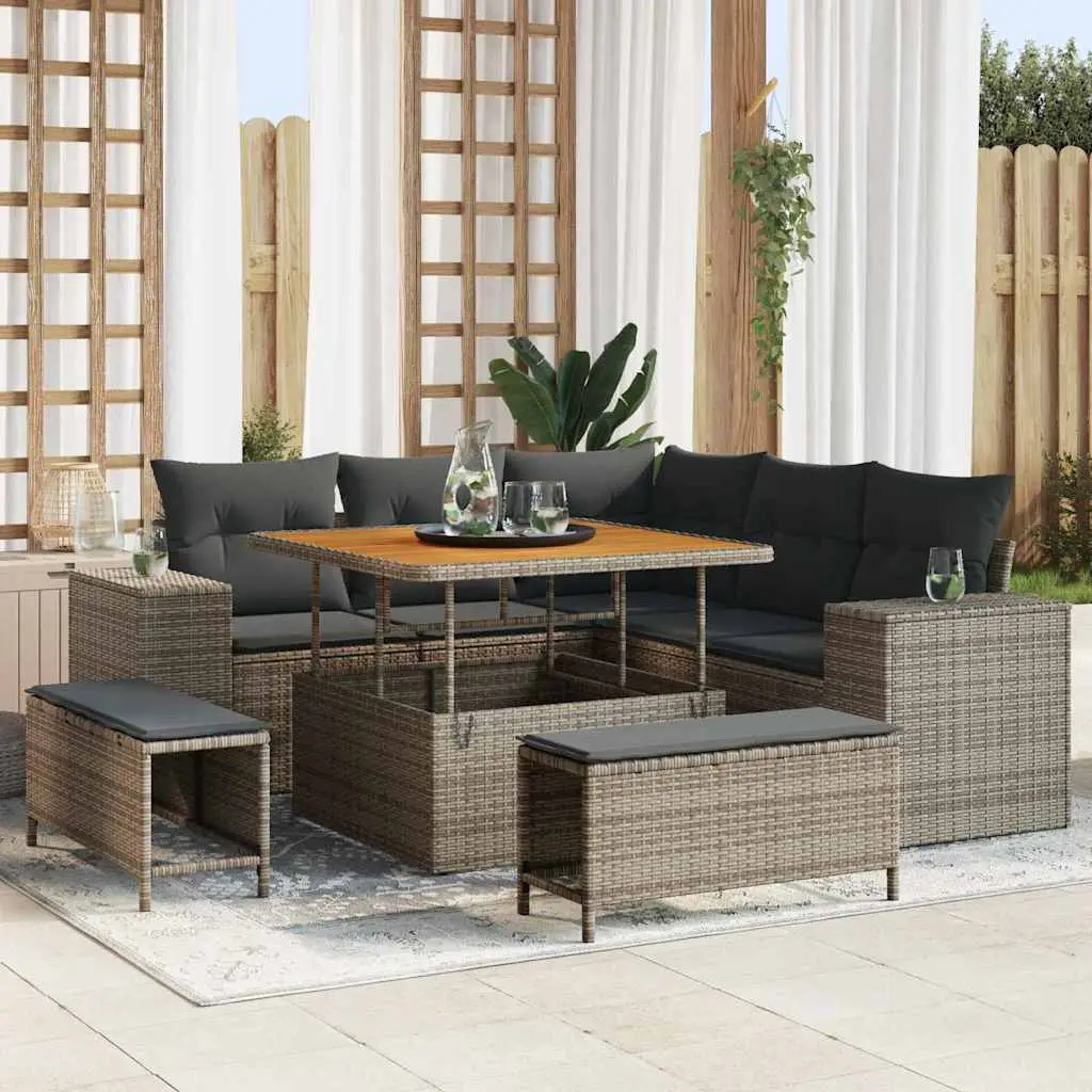 Ensemble de jardin 7 places en polyrotin et bois avec table et poufs Gris – ComfortXL Outdoor Living
