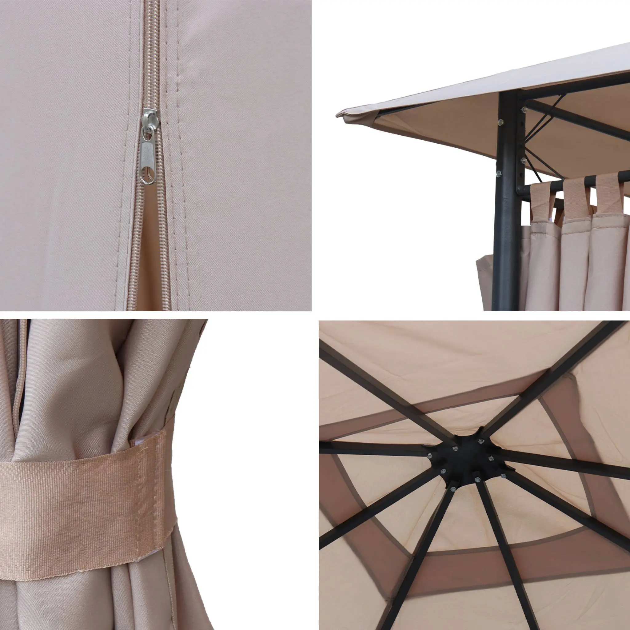 Ensemble complet toile de toit et rideaux beige pour tonnelle 3×3 m Elusa – toile de rechange pergola. toile de remplacement | sweeek