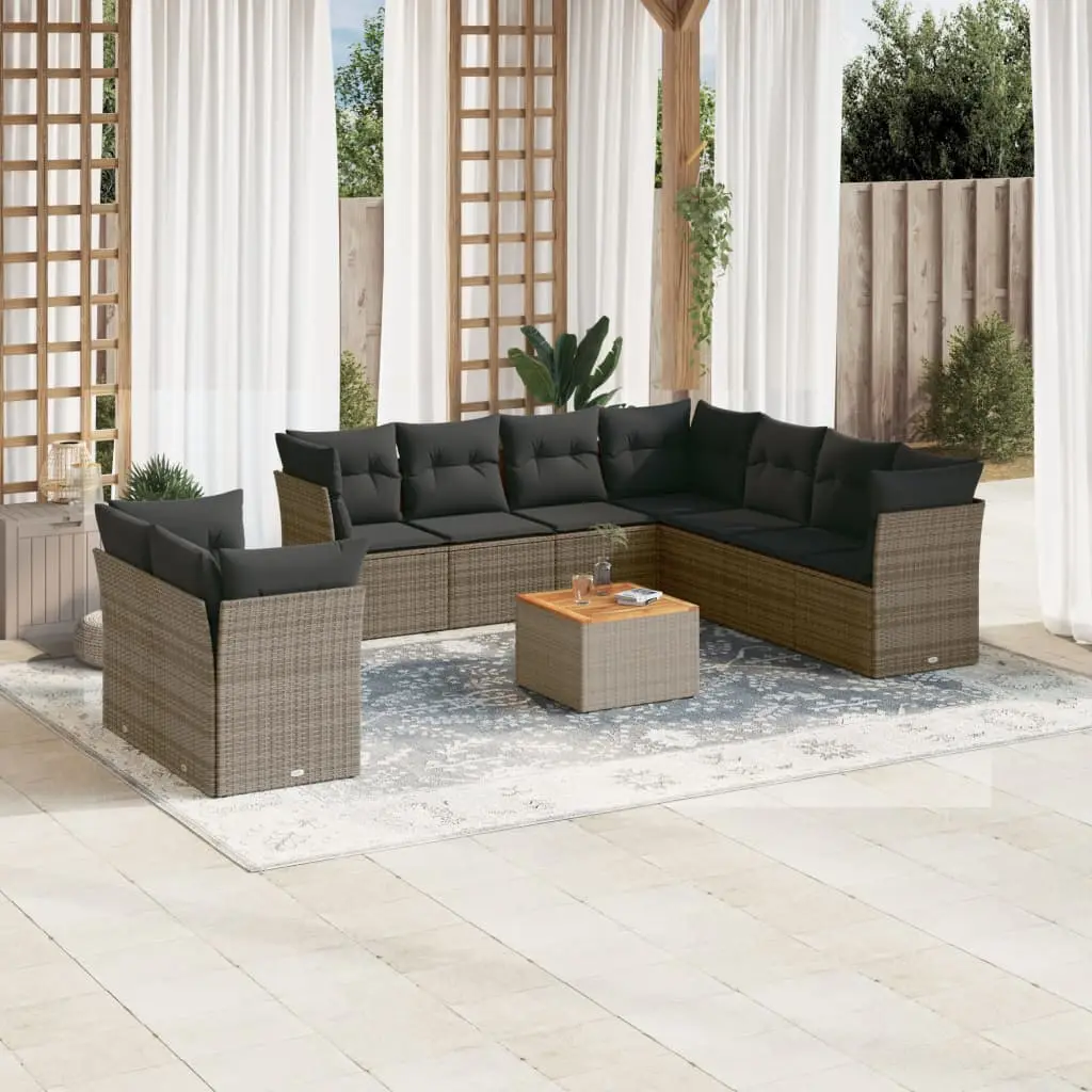 Ensemble de jardin modulable 9 places en poly rotin avec table en bois pour extérieur Gris – ComfortXL Outdoor Living