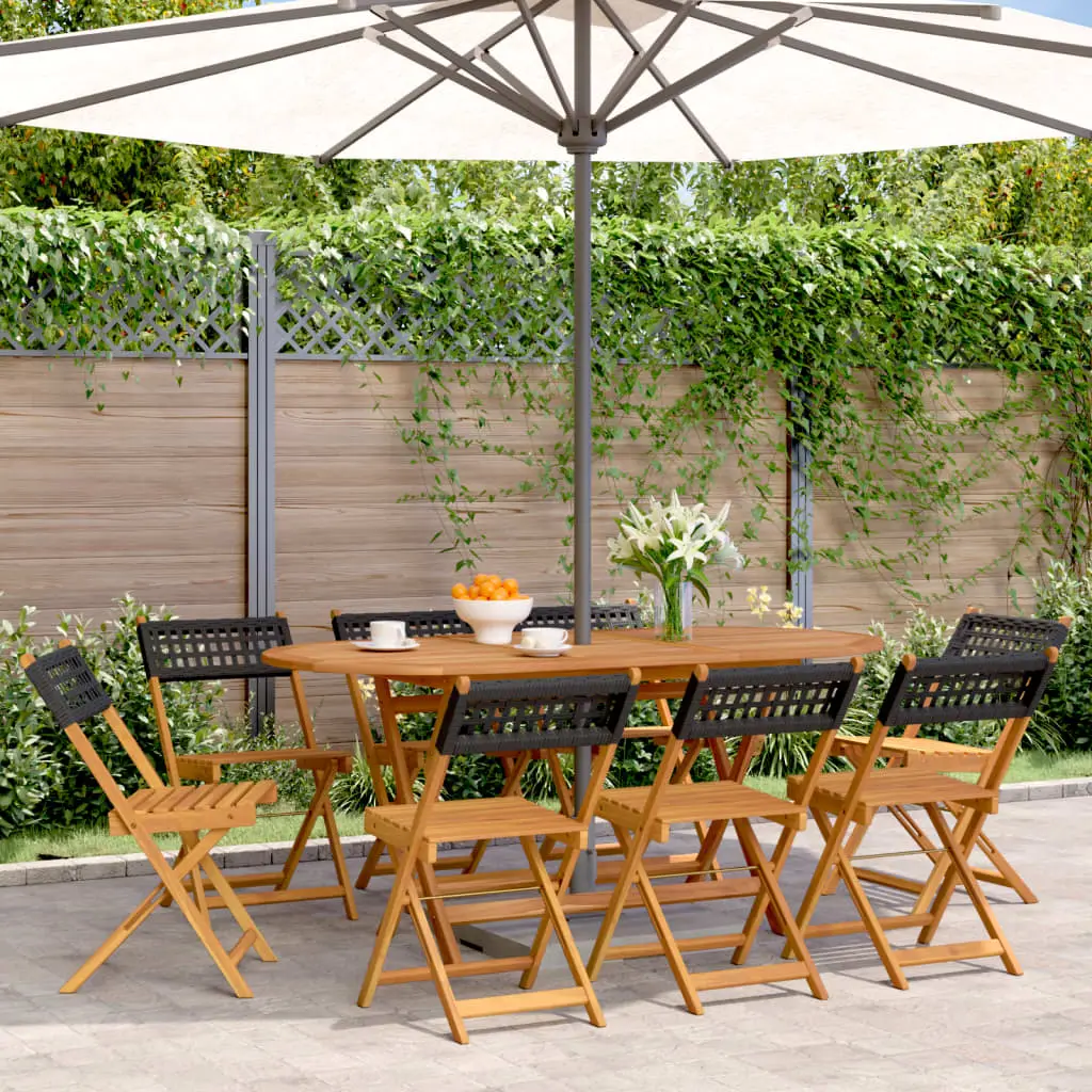 Ensemble de 8 Sièges d’Extérieur Pliants Style Bistrot Bois d’Acacia et Poly Rotin Noir – ComfortXL Outdoor Living