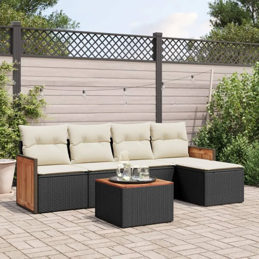Ensemble d’Extérieur 6 pcs Noir Résine Tressée avec Coussins Crème Table et Repose-Pied – ComfortXL Outdoor Living