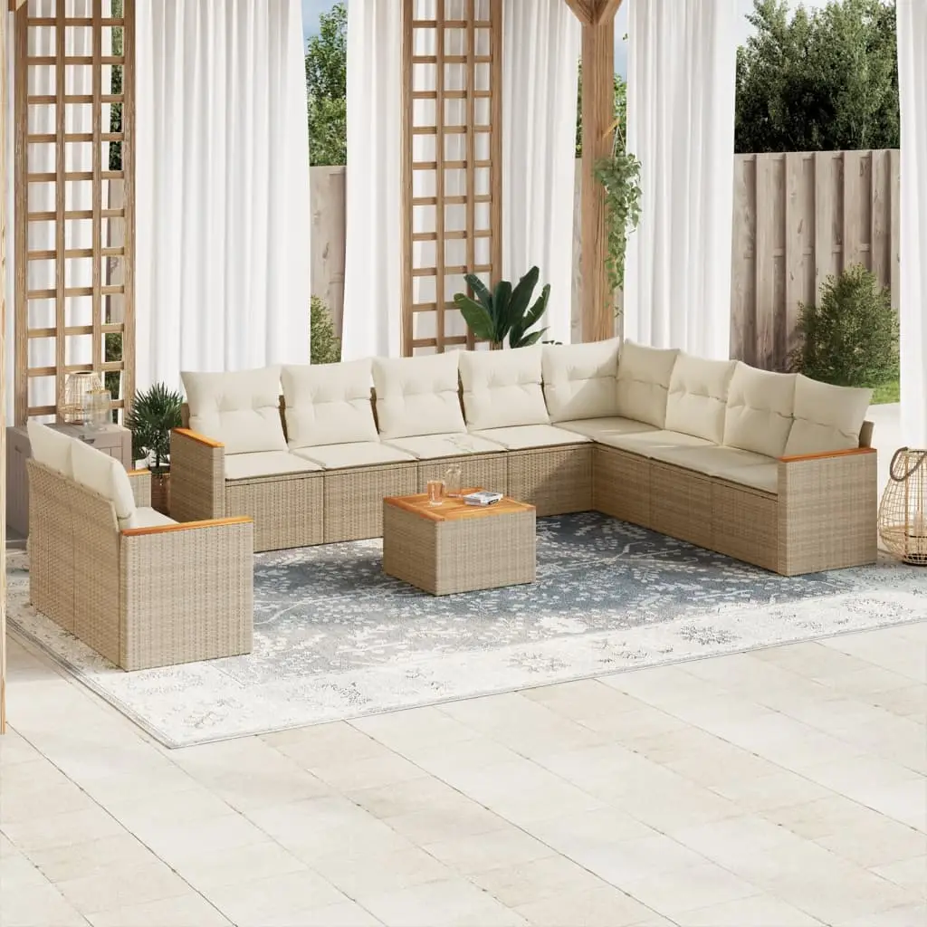 Ensemble de Jardin Modulable 11 pcs Résine Tressée avec Rangement et Table Bois Beige – ComfortXL Outdoor Living