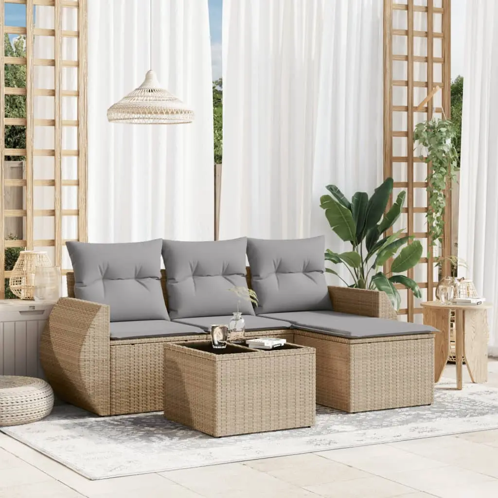 Ensemble canapé modulable 5 places poly rotin avec rangement table et pouf Beige et coussins gris – ComfortXL Outdoor Living
