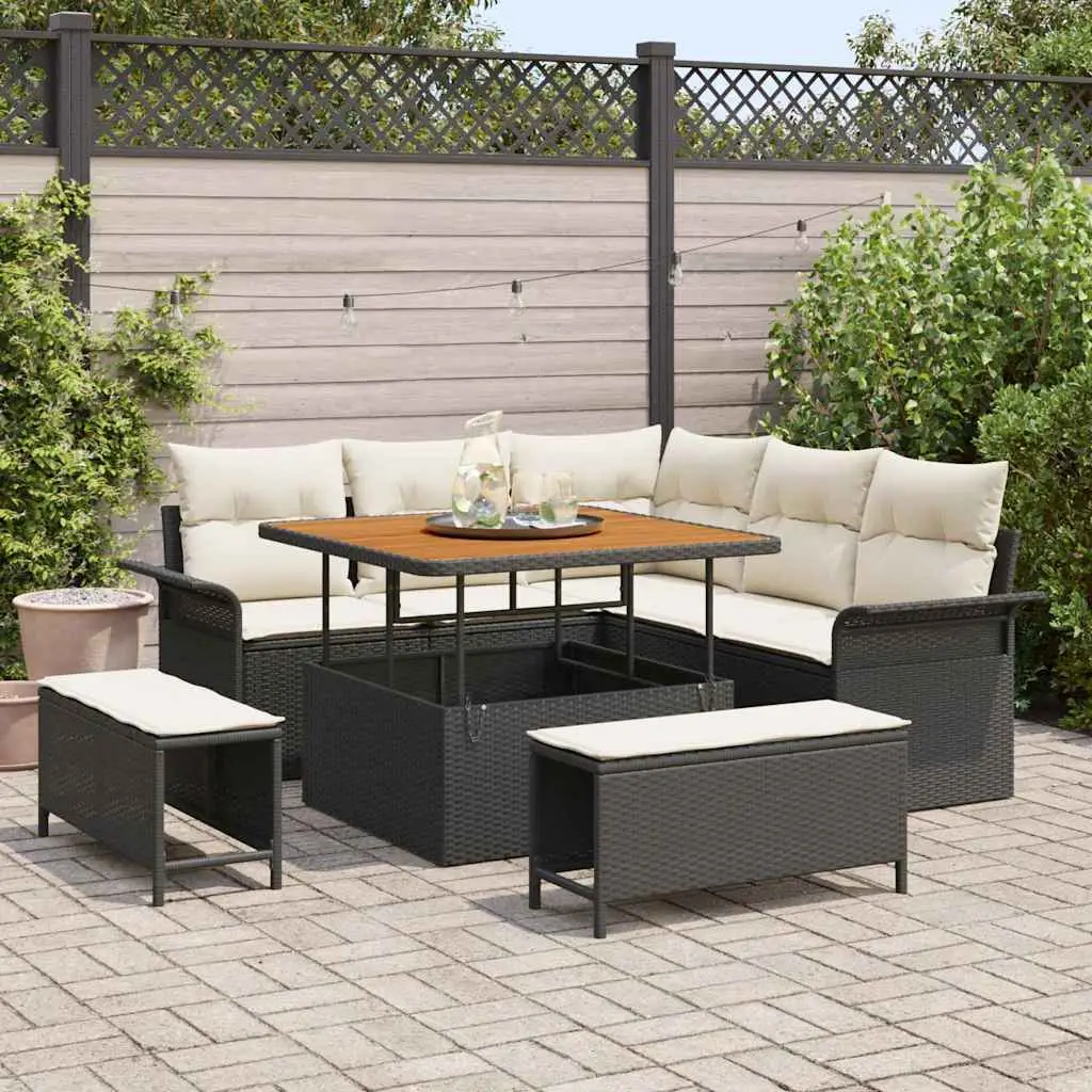 Ensemble de canapés 8 pcs polyrotin et bois d’acacia pour 7 personnes extérieur Noir – ComfortXL Outdoor Living