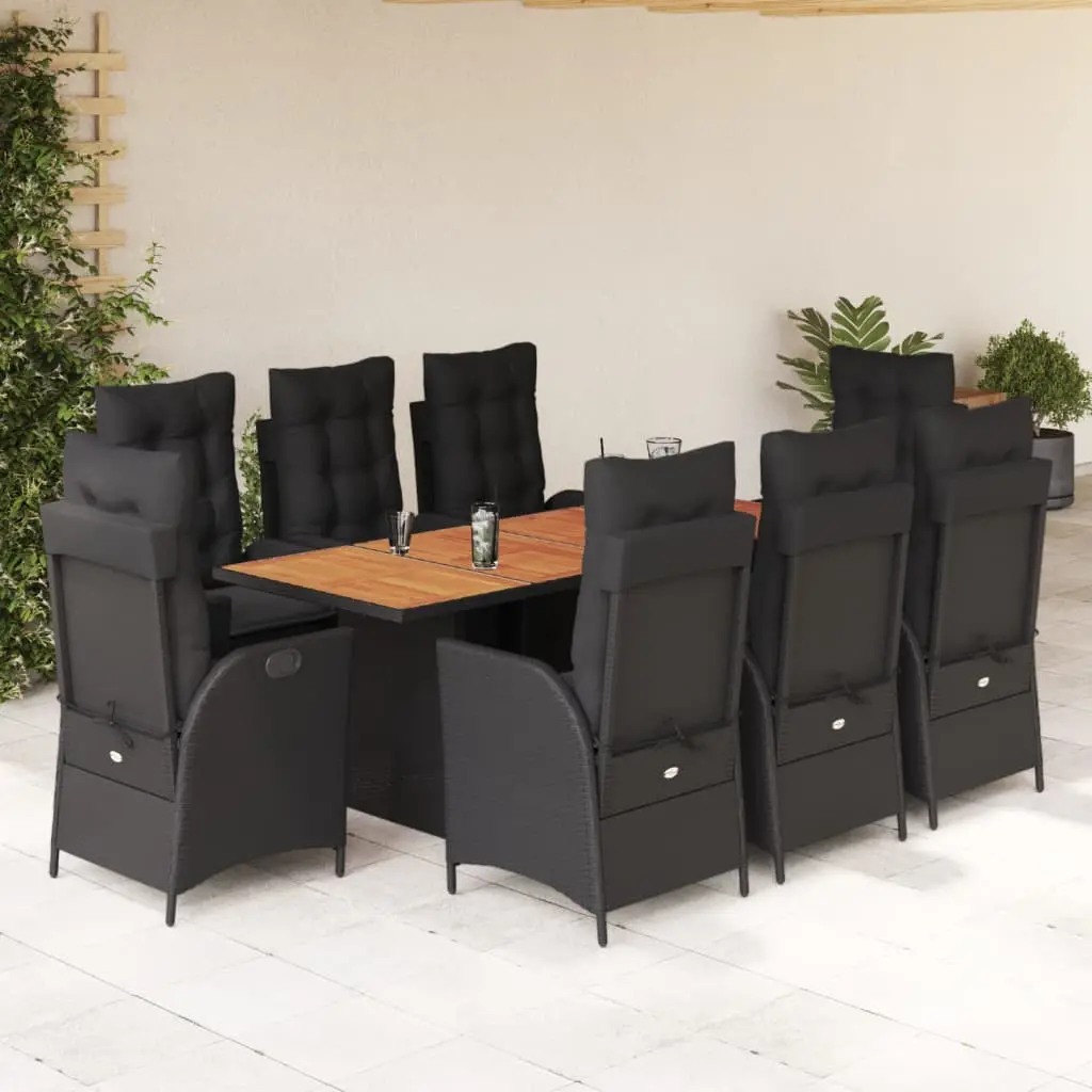 Ensemble de Jardin 8 Places Résine Tressée, Table Rectangulaire Acacia 190cm et Fauteuils Noirs Inclinables – ComfortXL Outdoor Living