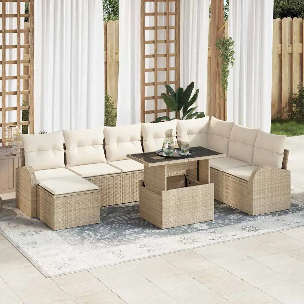Ensemble de Jardin 7 Places en Polyrotin Tressé Modulable Table Réglable et Pouf Beige – ComfortXL Outdoor Living