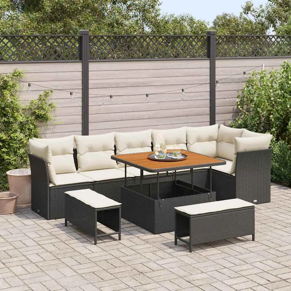 Ensemble de canapé de jardin avec coussin 9 pcs Noir et crème vidaXL 3363445