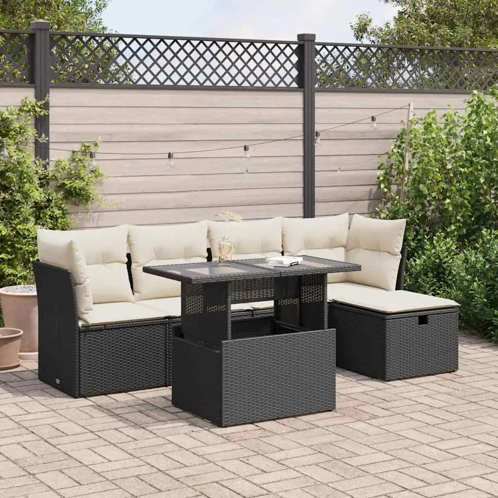 Ensemble de jardin 6 places résine tressée table ajustable et pouf de rangement Noir – ComfortXL Outdoor Living