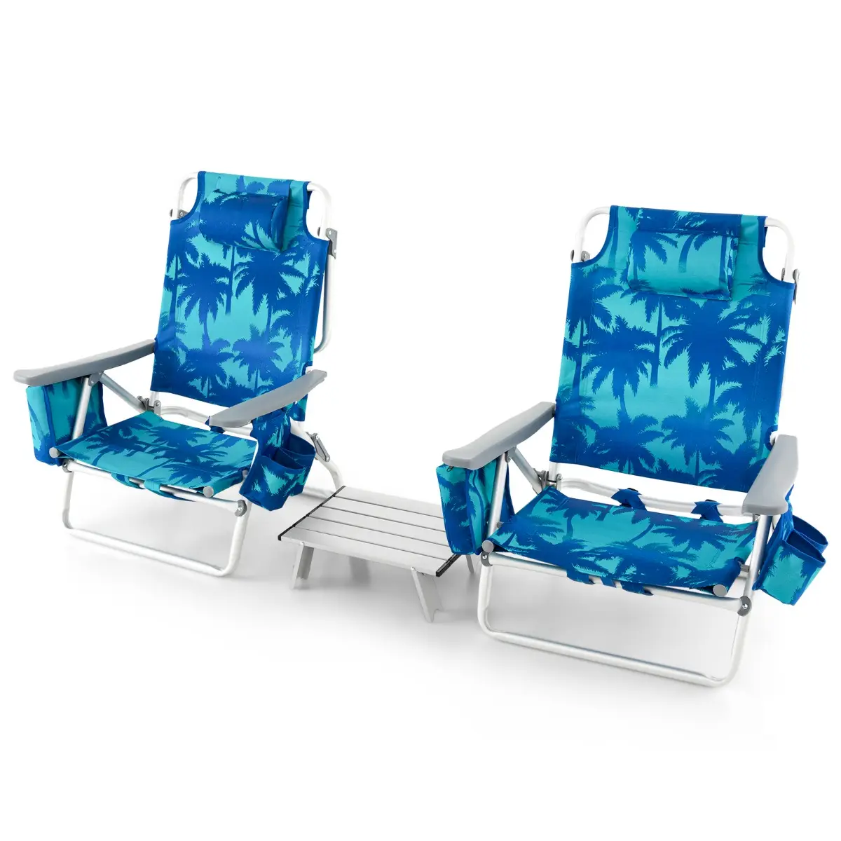 Ensemble d’Une Table et 2 Chaises de Plage Chaises Inclinables d’Extérieur avec Table de Camping Enroulable Bleu