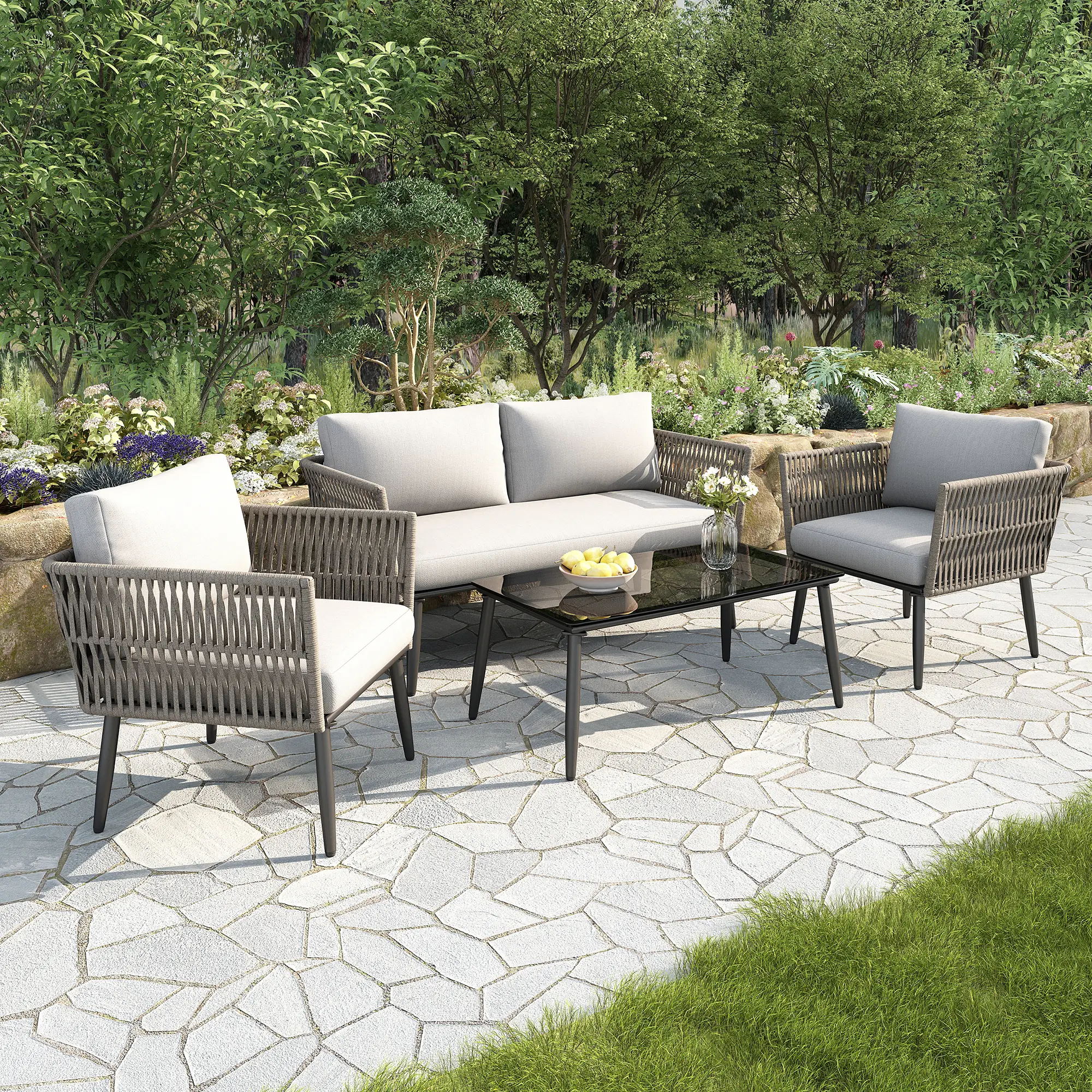 Ensemble de meubles de jardin avec coussins, canapé double, deux fauteuils et table basse, cordon PE, gris