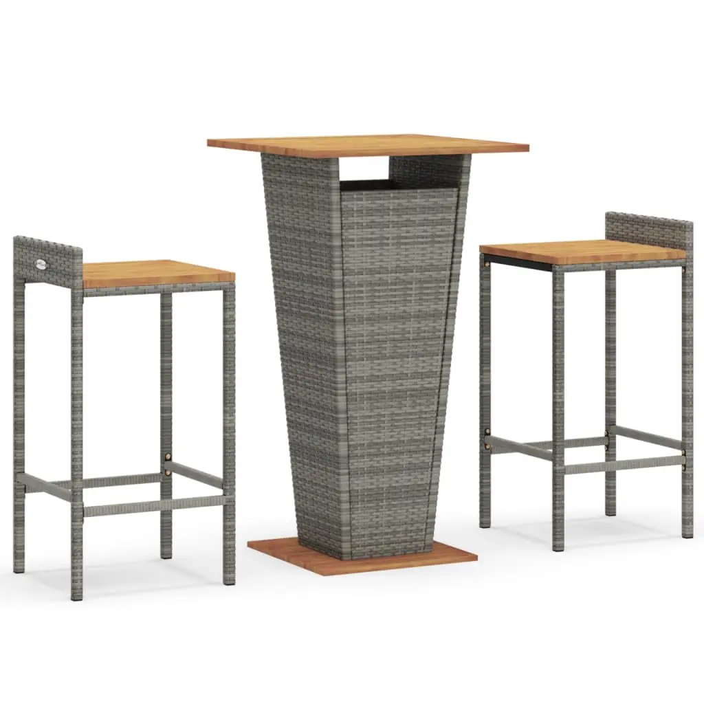 Ensemble de 3 pcs bar de jardin – Mobilier d’extérieur gris poly rotin/bois massif acacia