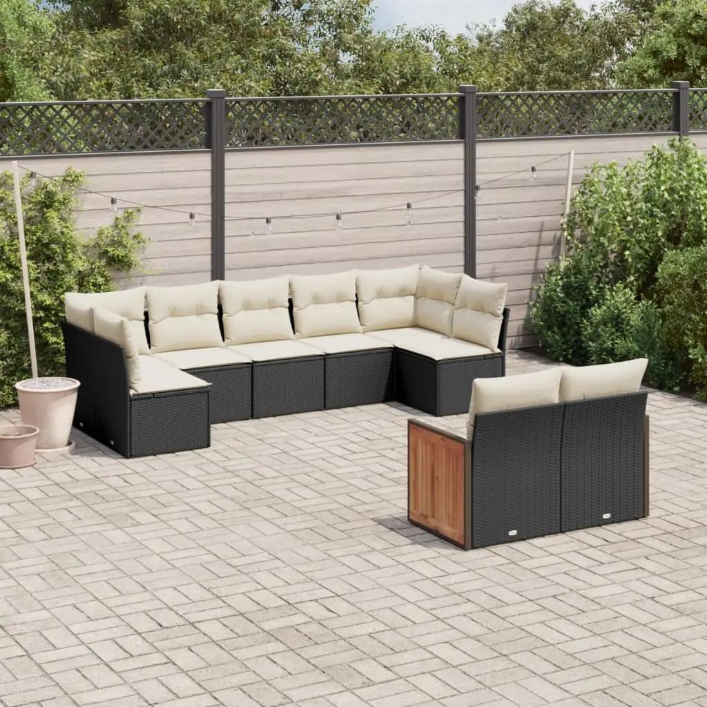 Ensemble de Jardin 9 Places Résine Tressée Noir avec Rangement et Coussins Clairs – ComfortXL Outdoor Living