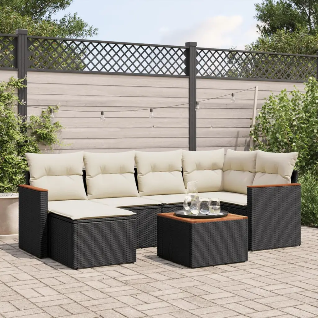 Ensemble canapés de jardin 7 pcs résine tressée avec table en bois et repose-pied pour extérieur Noir et Blanc Crème – ComfortXL Outdoor Living
