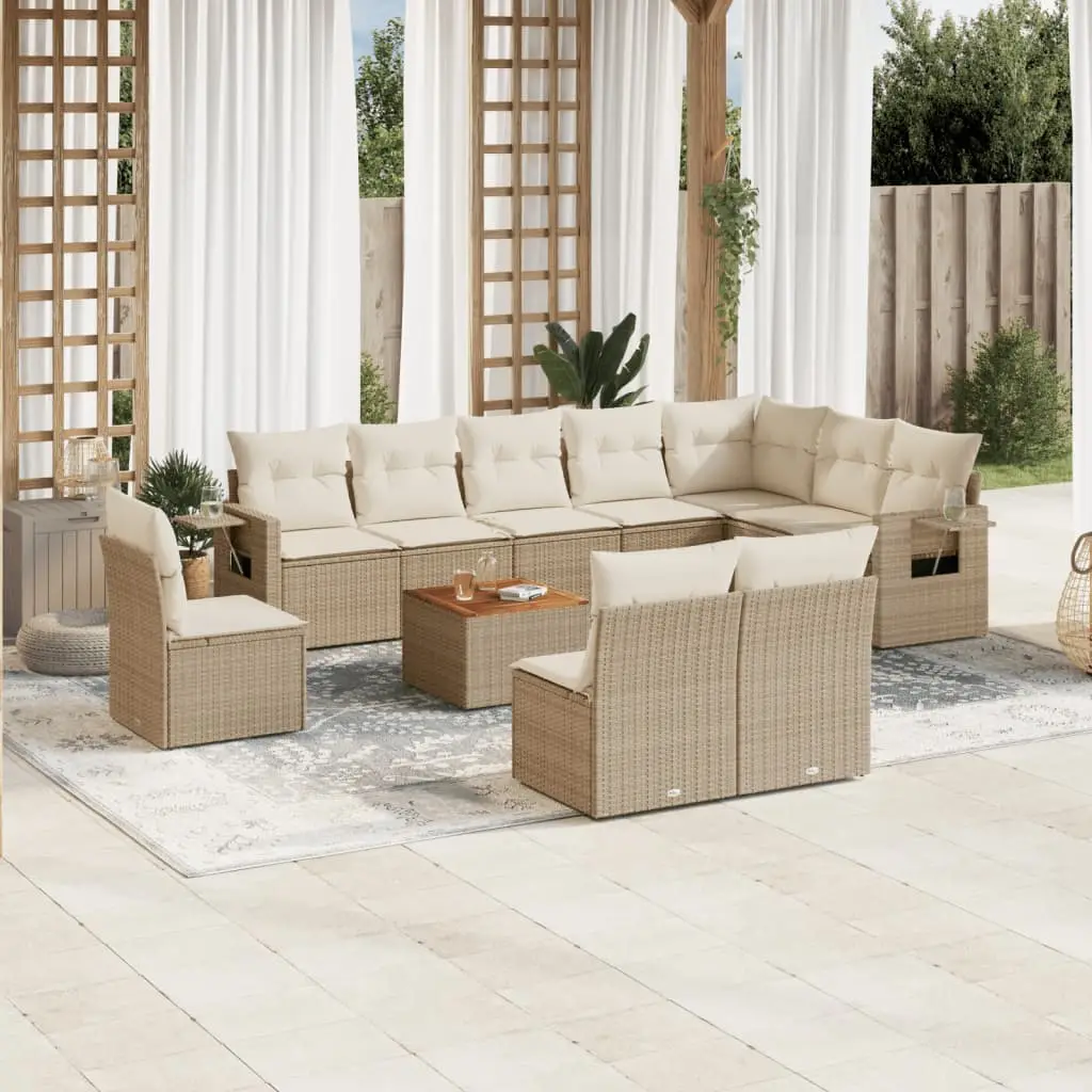 Ensemble d’Angle 10 Places Résine Tressée avec Table Acacia et Coussins Déhoussables Crème Beige – ComfortXL Outdoor Living