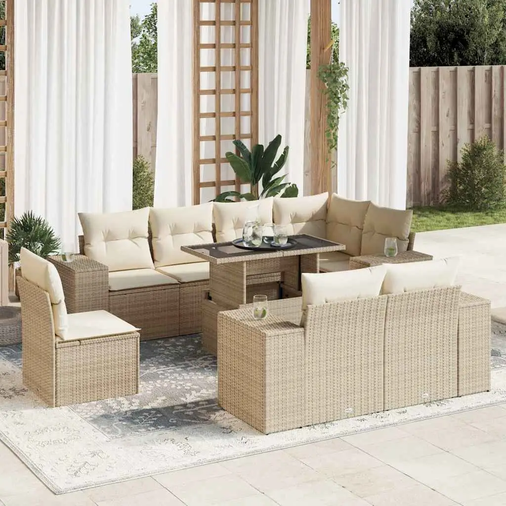 Ensemble de jardin 9 places résine tressée avec coffres et table relevable beige – ComfortXL Outdoor Living