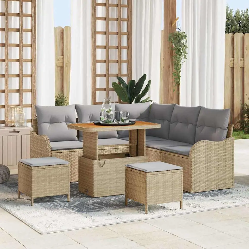 Ensemble de jardin moderne 8 pcs polyrotin et bois pour 7 personnes Beige – ComfortXL Outdoor Living