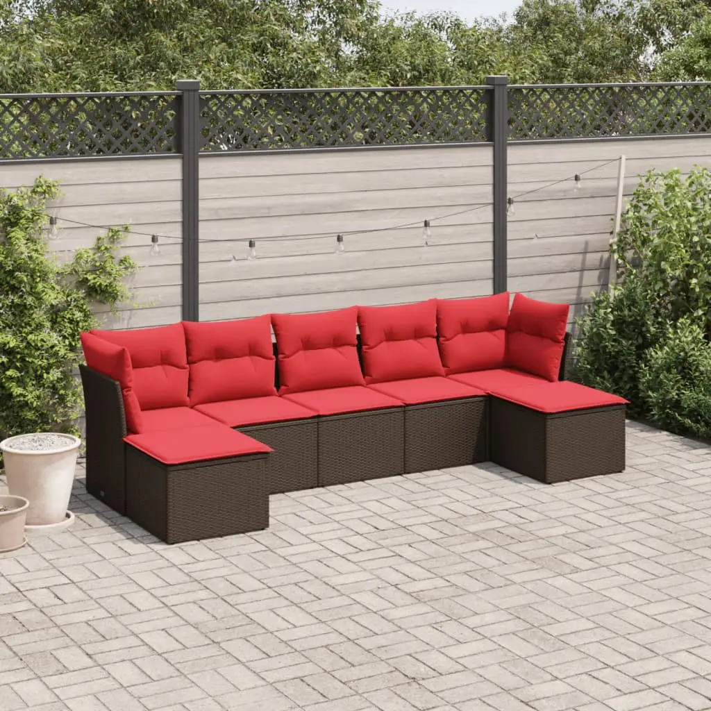 Ensemble de jardin 7 personnes en résine tressée modulable confort pour terrasse Marron coussins rouges – ComfortXL Outdoor Living