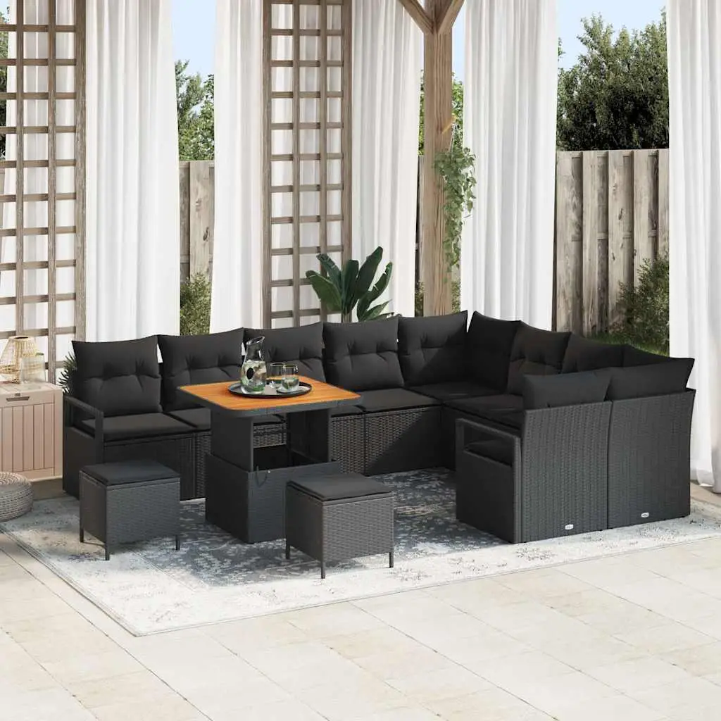Ensemble Canapé Modulable 12 pcs Noir – Polyrotin et Bois d’Acacia avec Rangement Astucieux pour Jardin – ComfortXL Outdoor Living