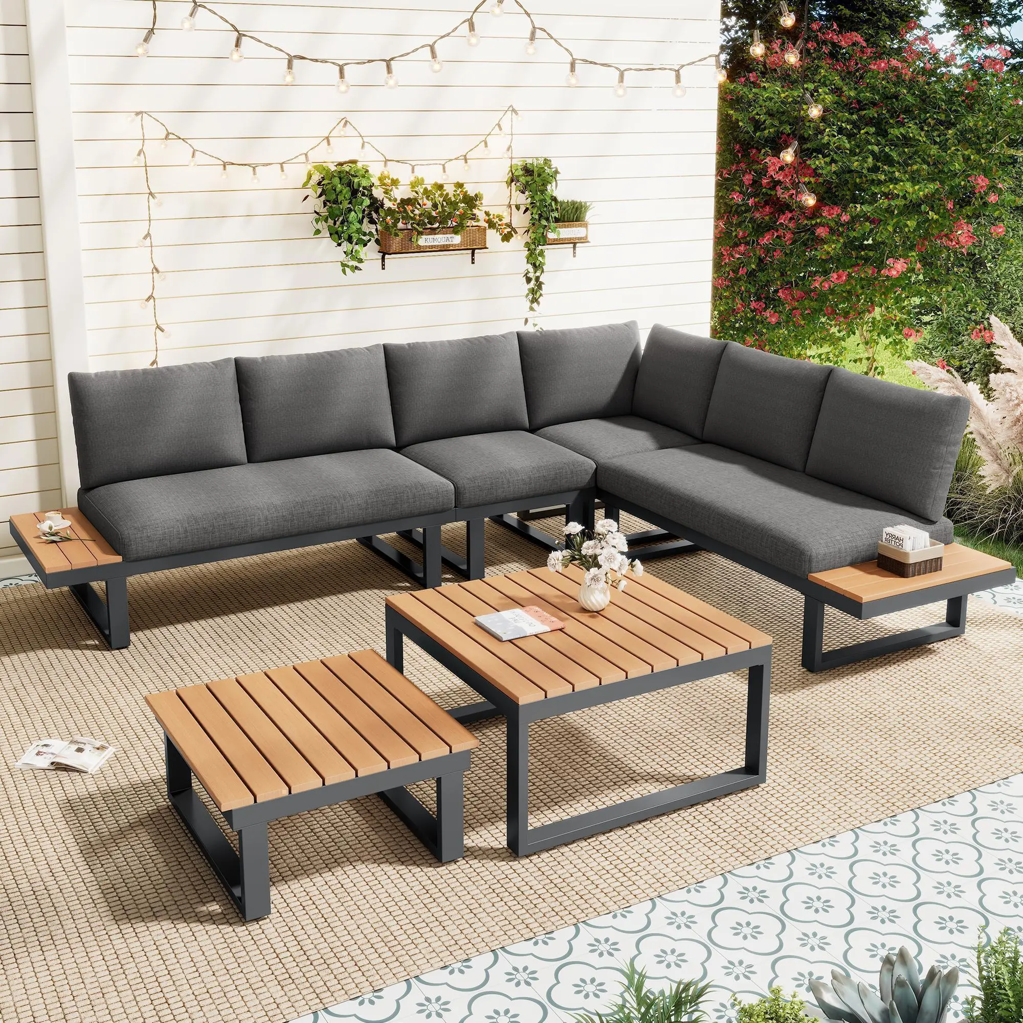 Ensemble de mobilier de jardin, avec inclinaison réglable (5 positions, jusqu’à 55°), tubes en acier galvanisé, noir + gris