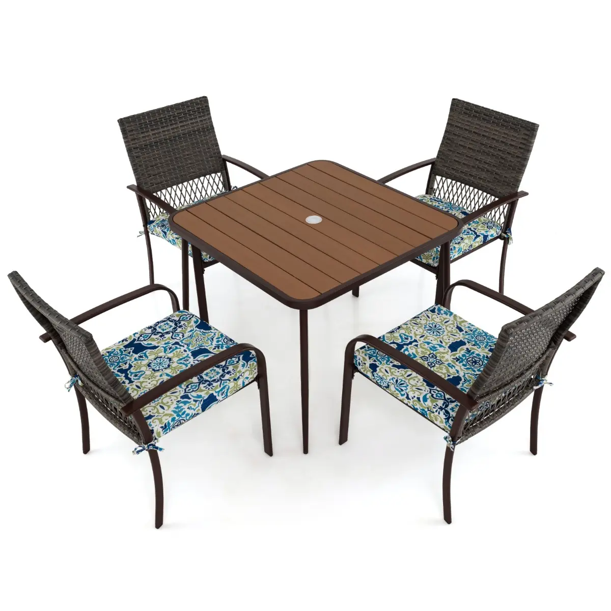 Ensemble de 5pcs Salon de Jardin Meubles de Patio – 4 Fauteuils avec Coussins et Table Carrée avec Trou pour Parasol Rotin