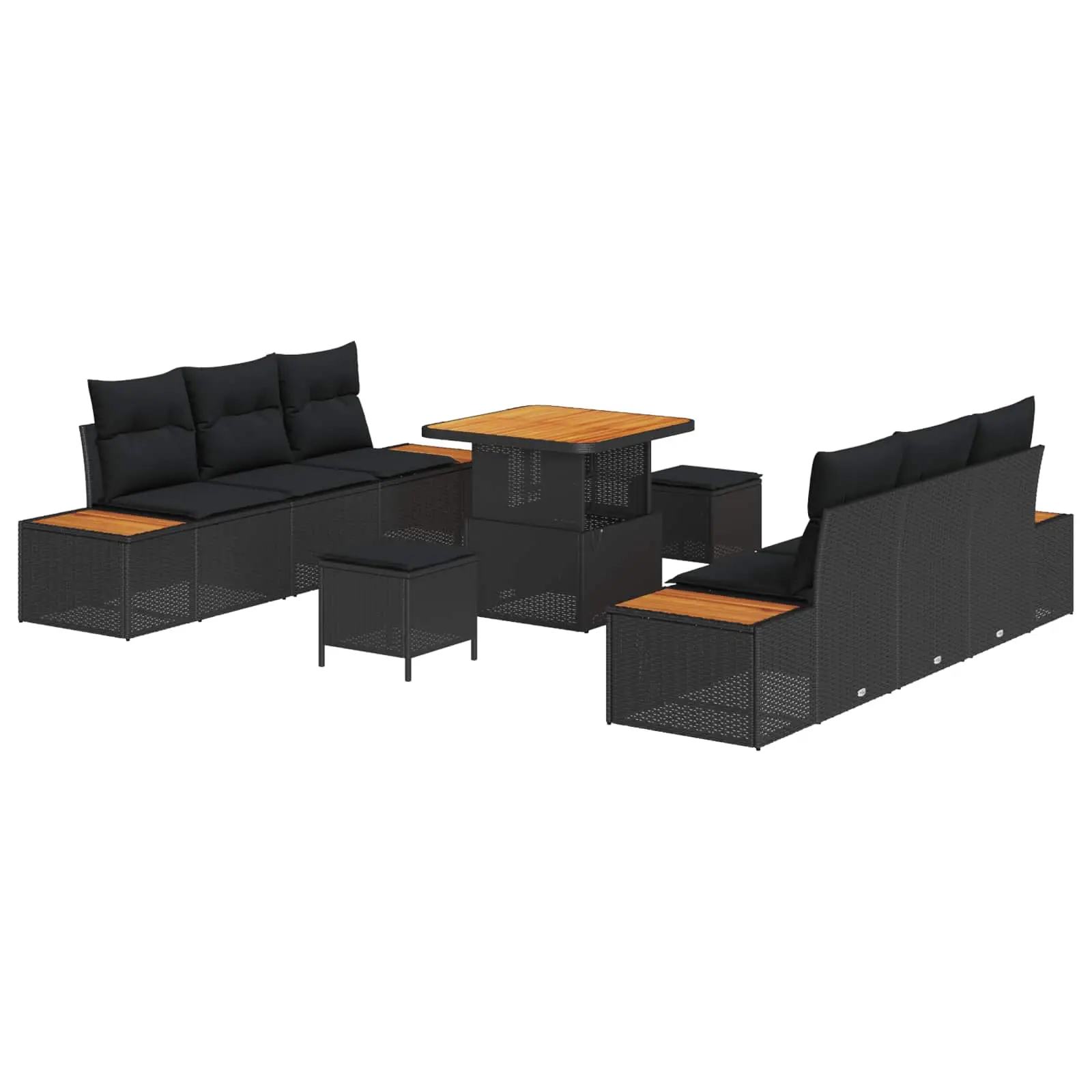 Ensemble Carré Jardin 9 pcs Noir Poly Rotin, Sièges avec Coffres et Table, Robuste et Facile à Ranger – ComfortXL Outdoor Living