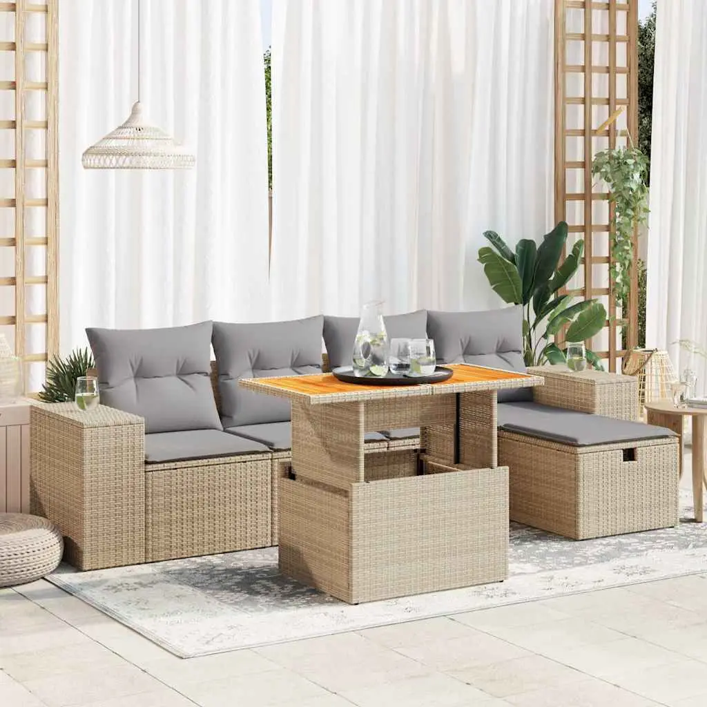 Ensemble de Jardin 6 Places Résine Tressée et Acacia Modulable Rangement sous Assise pour Patio Beige Coussins Gris – ComfortXL Outdoor Living