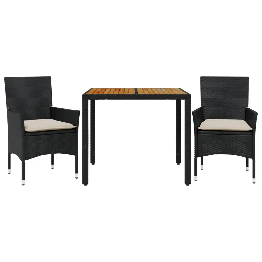 Ensemble de 3 pcs table de jardin et chaises avec coussins – mobilier de jardin noir rotin acacia-JU2703
