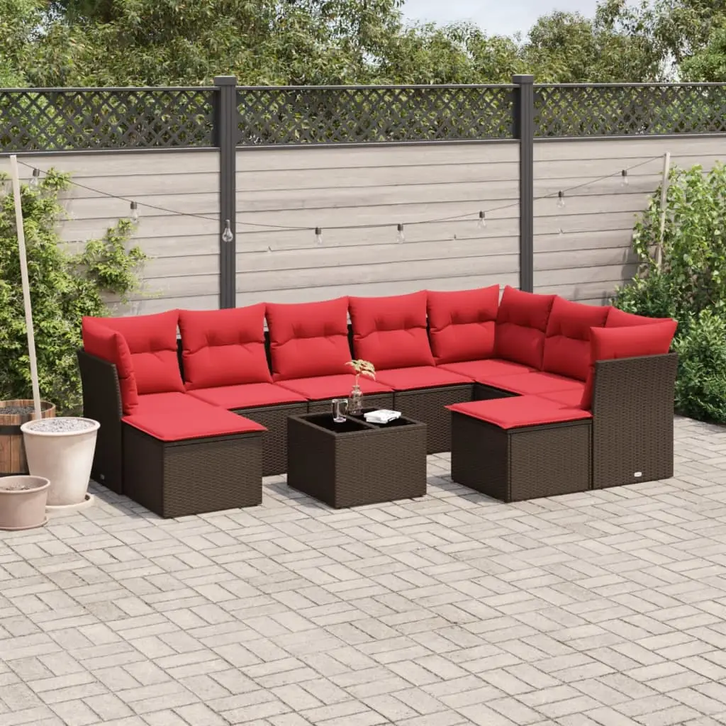 Ensemble Canapé Extérieur Résine Tressée Flexible 10 Places pour Jardin et Véranda Marron Coussins Rouge – ComfortXL Outdoor Living