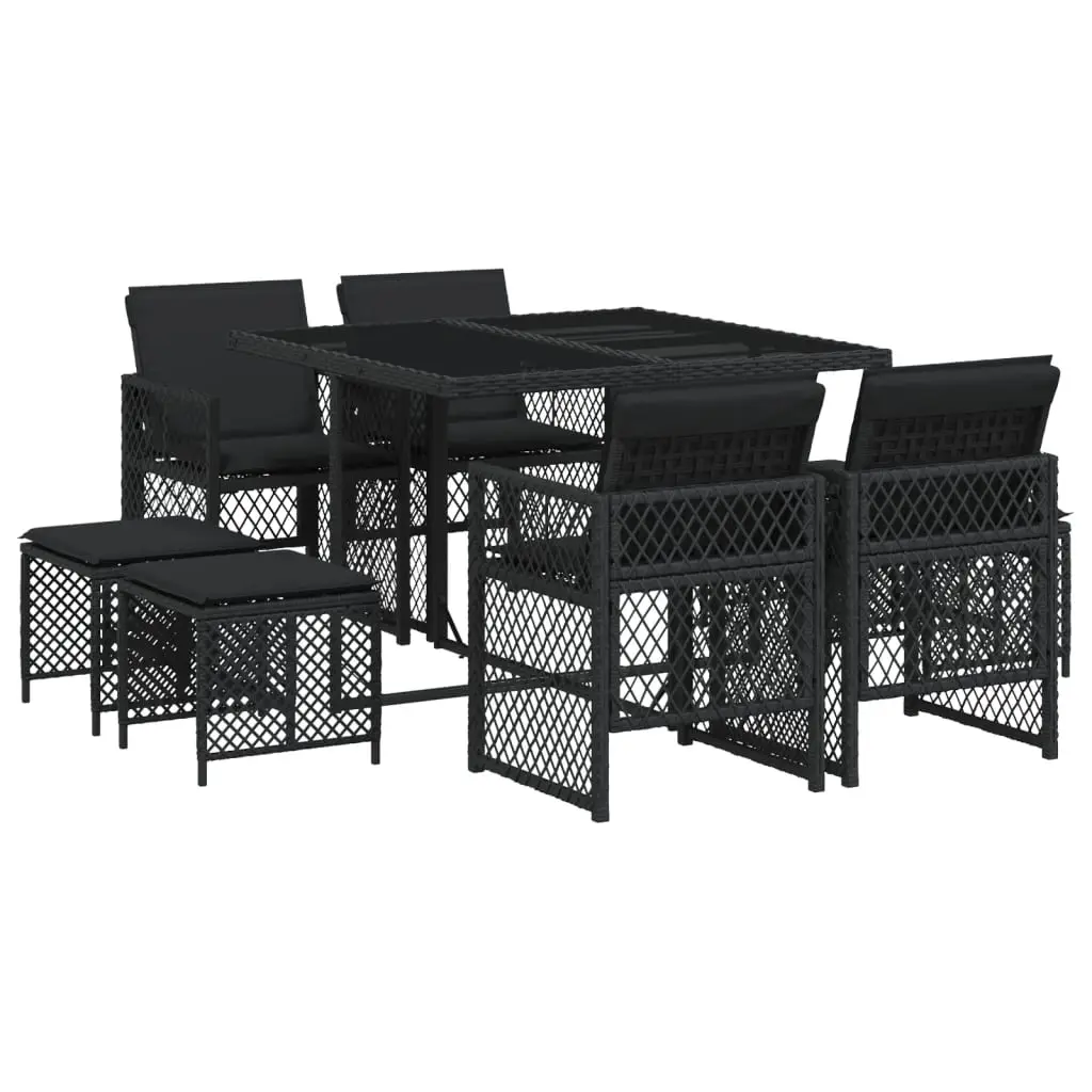 Ensemble de 9 pcs table de jardin avec chaises – mobilier de jardin coussins noir résine tressée-JU2365