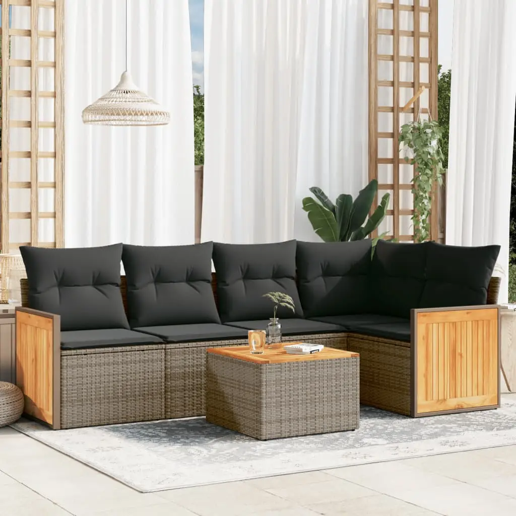 Ensemble de jardin 6 pièces résine tressée modulable et table en bois pour terrasse Gris coussins foncés – ComfortXL Outdoor Living