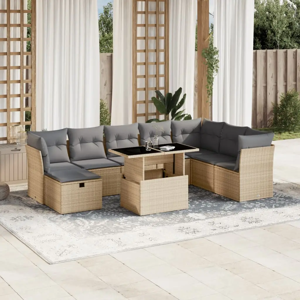 Ensemble canapé de jardin 9 pièces résine tressée avec pouf pour terrasse Beige – ComfortXL Outdoor Living
