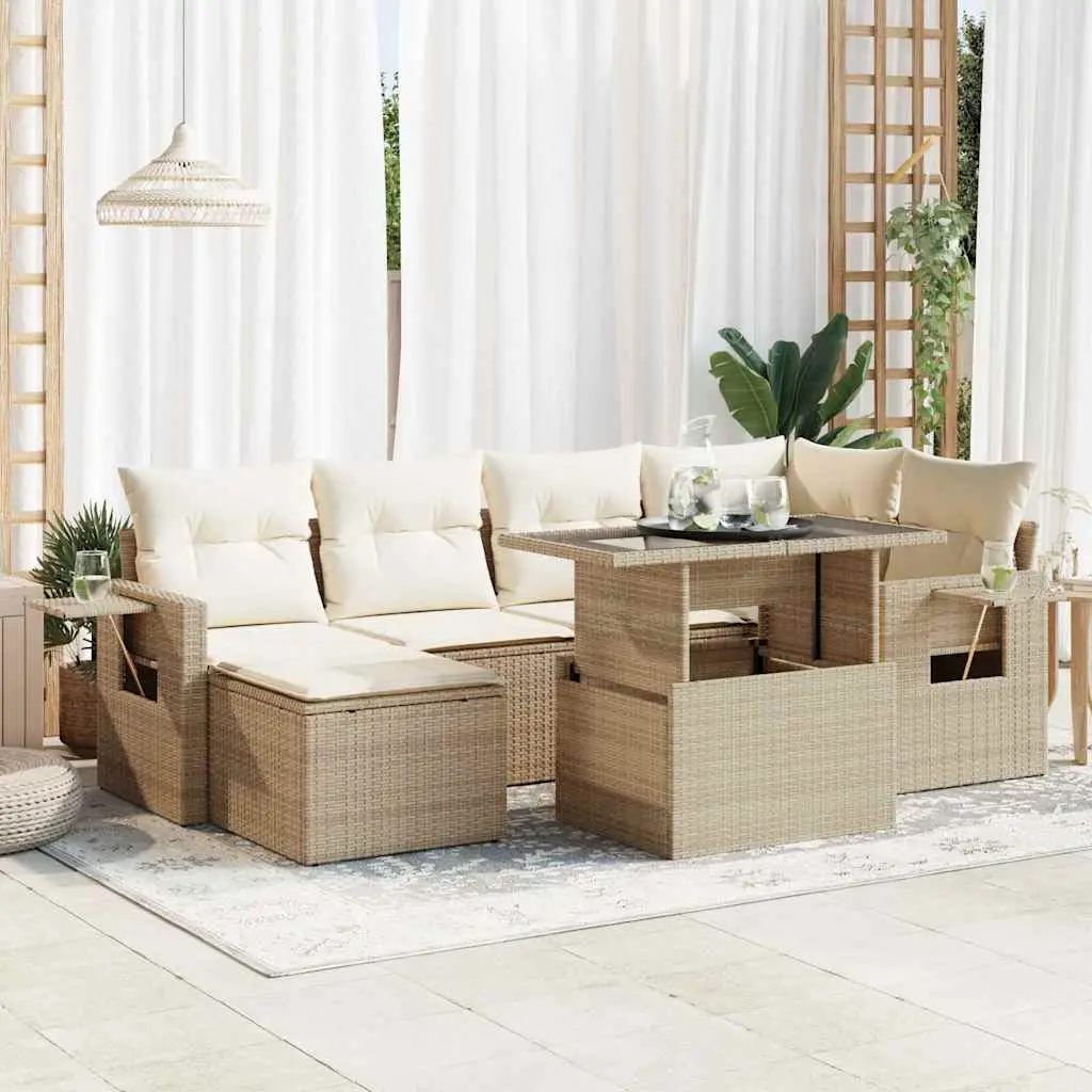Ensemble de jardin 7 pièces résine tressée avec pouf rangement et table ajustable Beige – ComfortXL Outdoor Living
